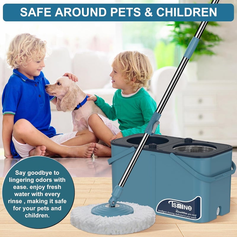 RinseWise Store Gen 1 Large-Capacity Spin Mop and Bucket – for Big Homes & Deep Cleaning Days,4-Chamber System Separates Dirty & Clean Water, 2-GAL Heavy-Duty Design with Wheels & 8 Refill Mop Heads - Blue/Grey - Image 5